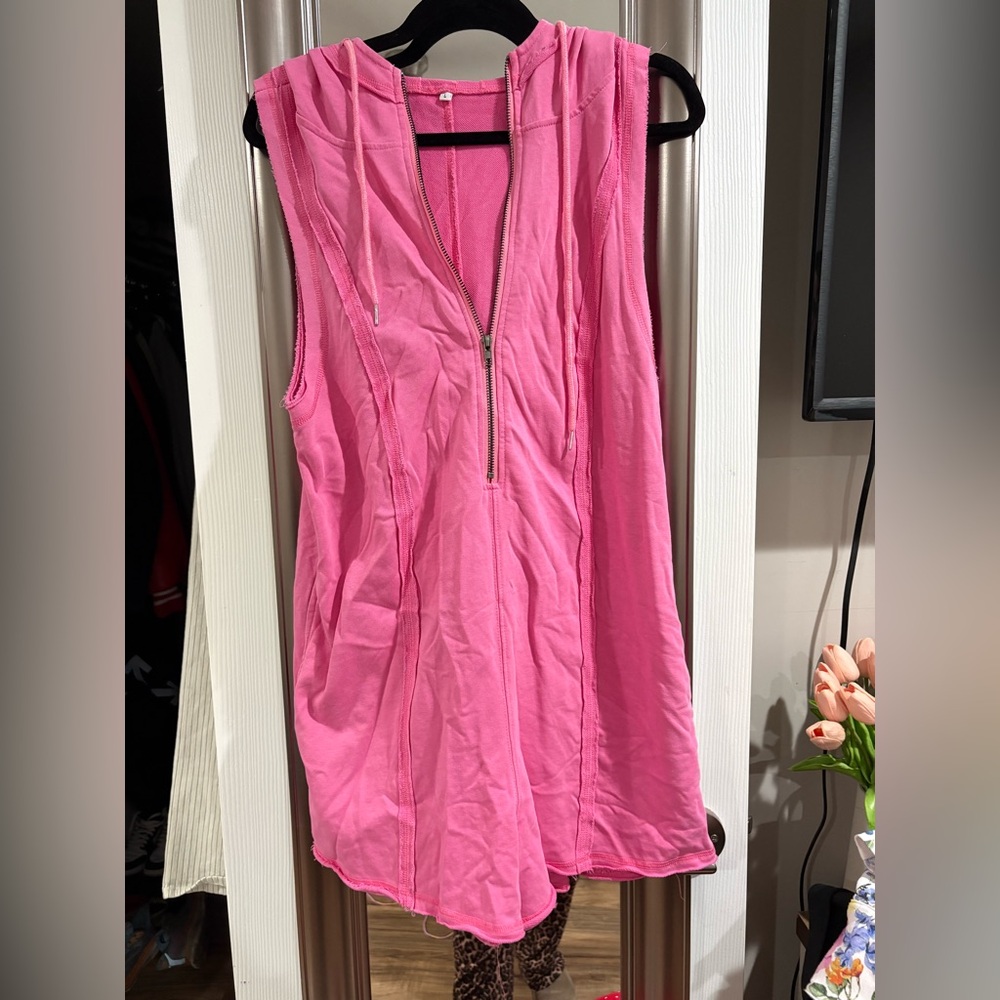 Pink Sleeveless Zip-Up romper with hood